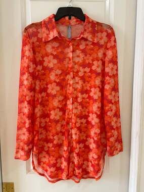 Refuge Orange Floral Print Sheer Long Sleeve Button-Down Shirt